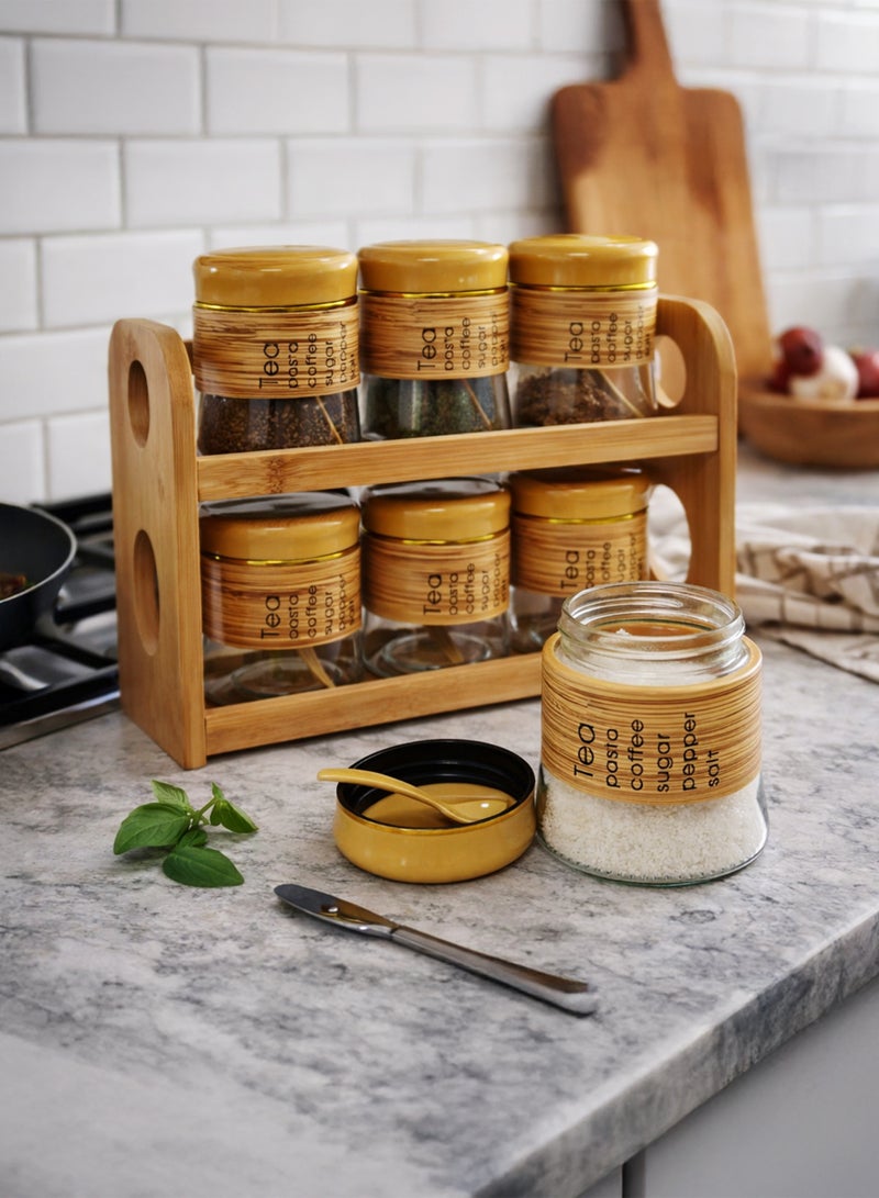 توشيونيكس رف توابل من الخيزران مع 6 برطمانات زجاجية للتوابل - منظم مطبخ من طبقتين مع ملاعق، برطمانات مُصنفة، أغطية بنمط الخيزران - طقم تخزين توابل عصري لسطح المطبخ - Image 1